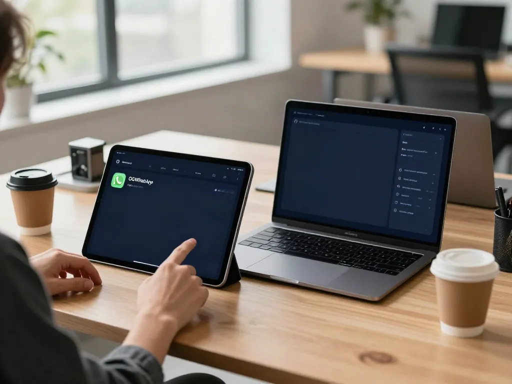 Explore OGWhatsApp features in a modern tech workspace with devices and natural light.