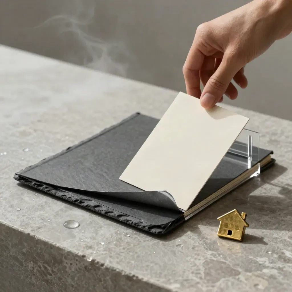 Slate valuation folio hovering above wet limestone with brass house token and vapor.