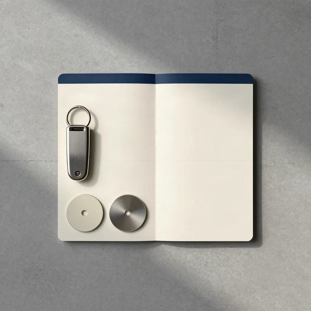 Overhead condo listing packet with key fob and metal discs on concrete.