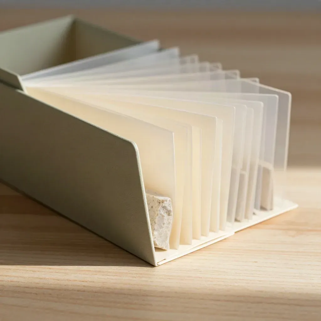Overhead market file on sanded wood with tab dividers, photo sleeves and a stone sample