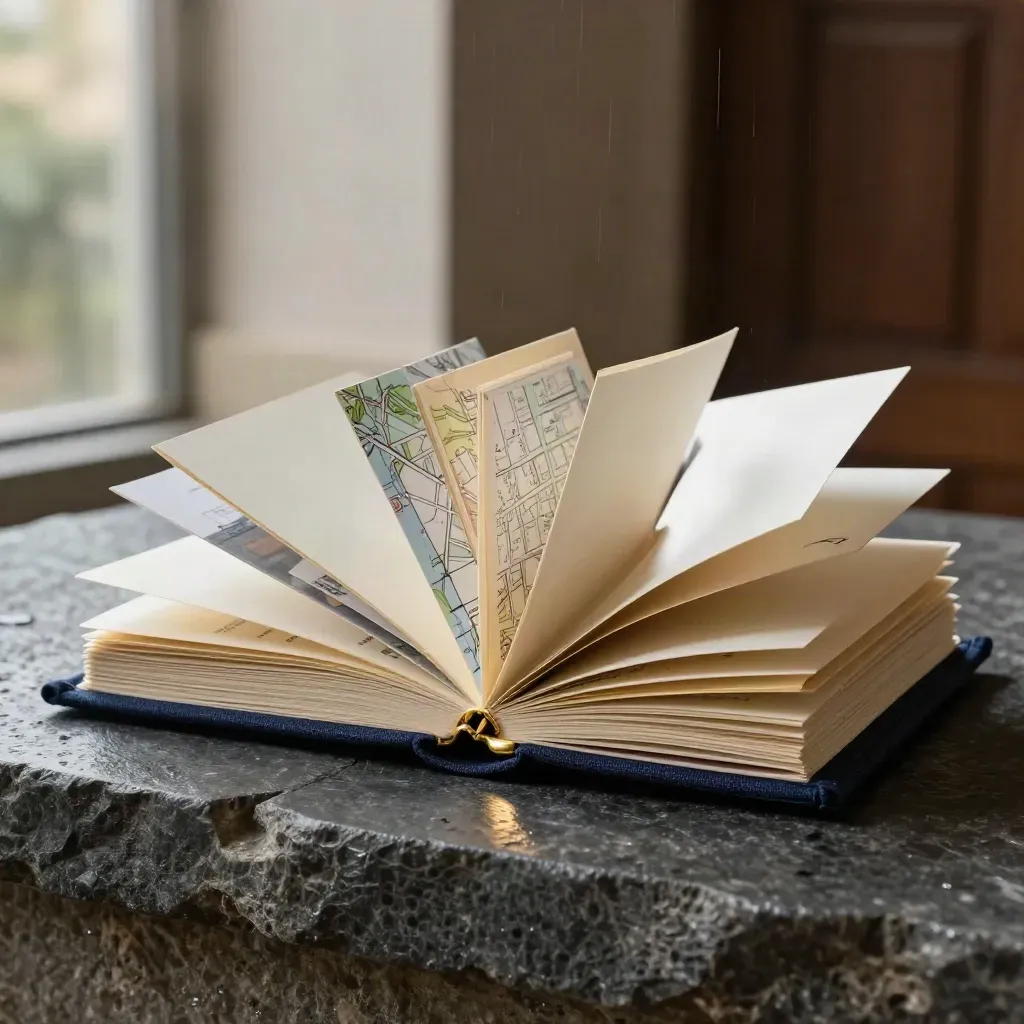 Navy listing portfolio with brass details, blank cards, and a folded map on stone.