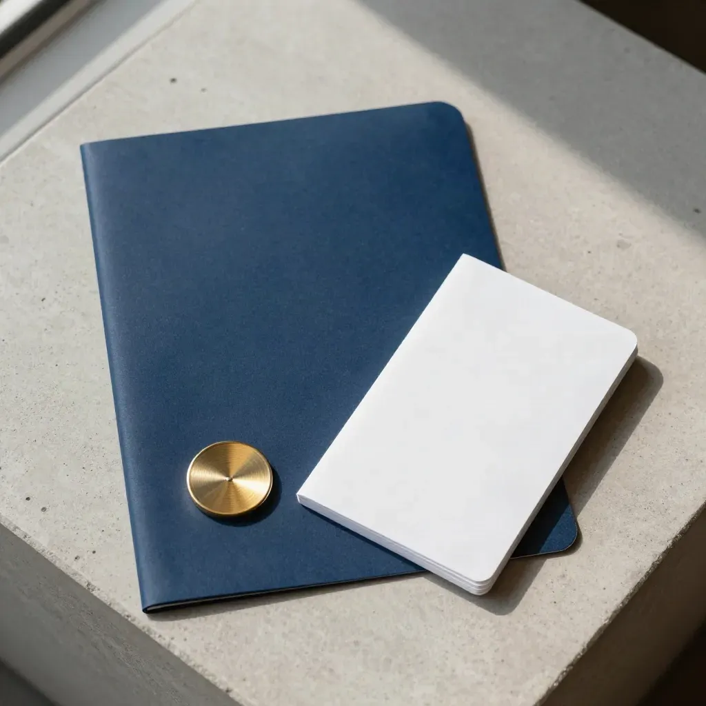 Overhead condo pack flatlay with blue folder, key-card sleeve and metal token on concrete.