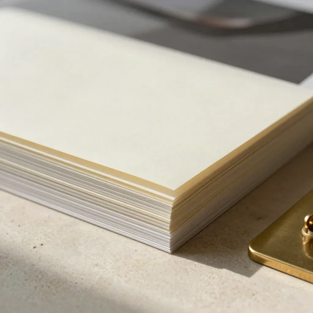 Macro of matte listing sleeves fanned on pale stone with brass clip and soft fold in raking light