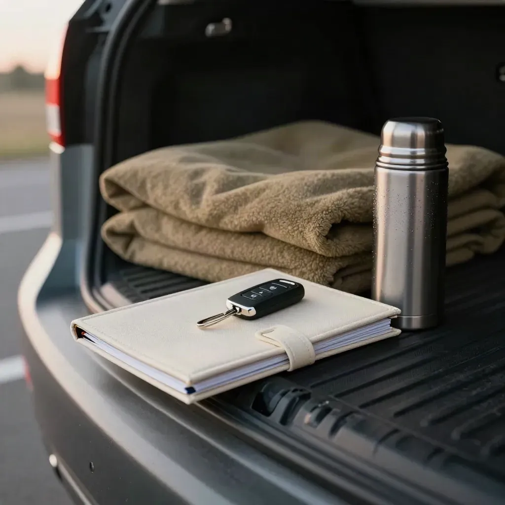 Home search folio, car key, blanket and thermos on a cargo floor in cool morning light.