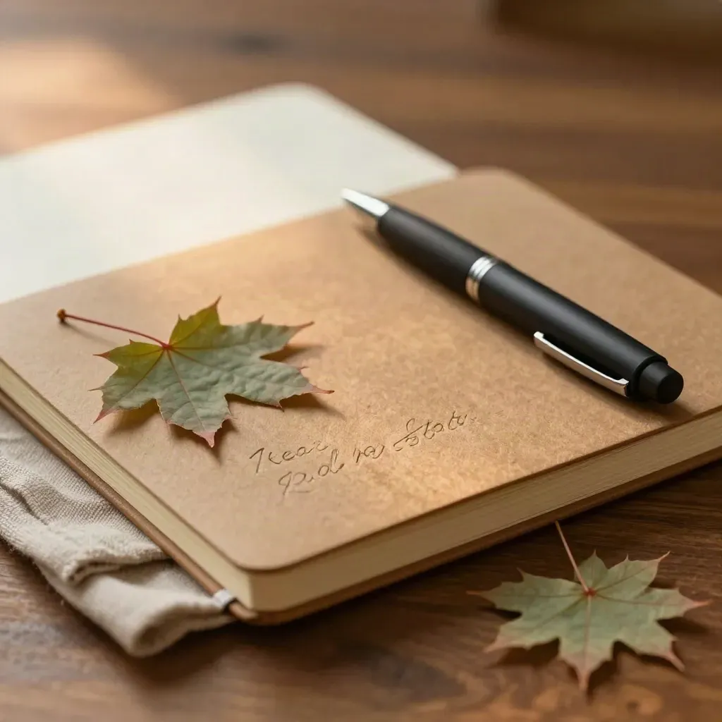 Graphite prep notebook, capped pen, folded cloth and maple sprig on warm oak in soft light.
