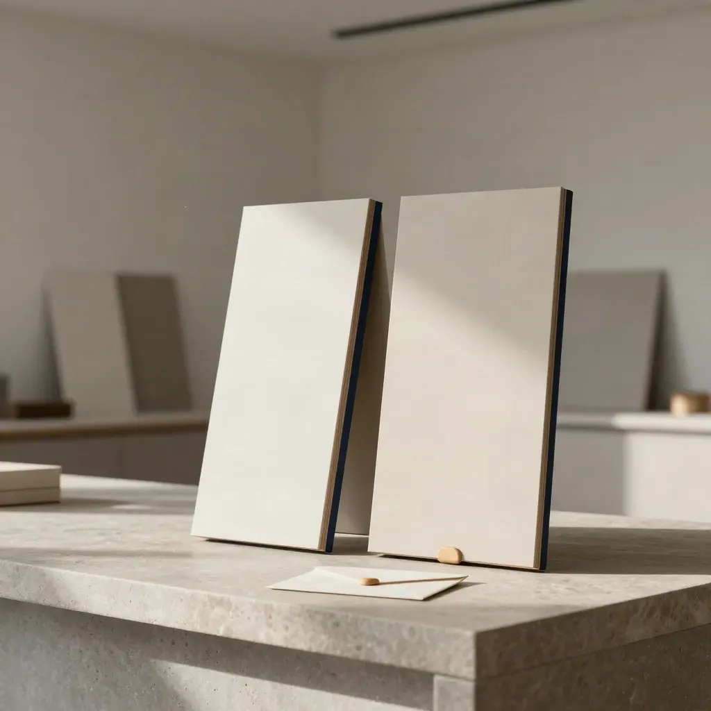 Two comparison boards, envelope and wood token on a stone island in a bright design studio.
