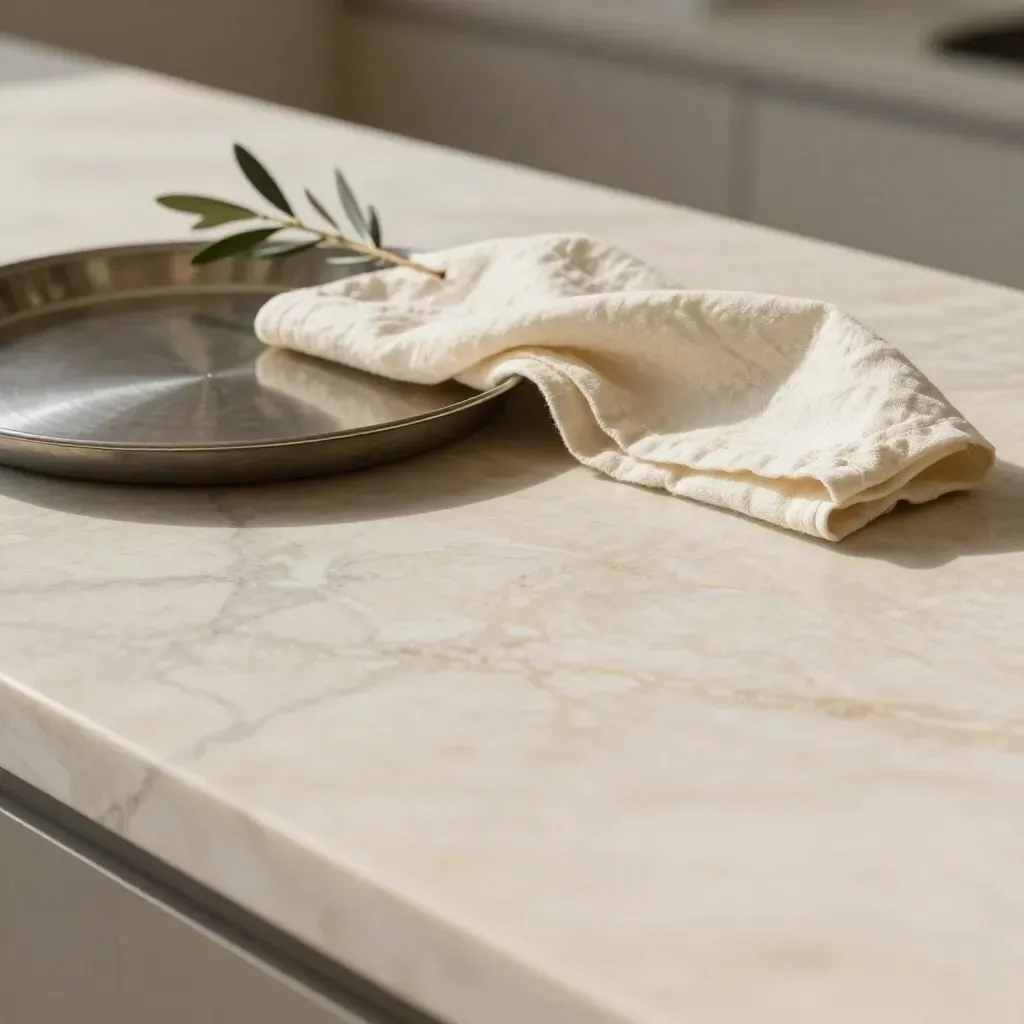 Marble slab with metal tray, folded cream cloth, and twig in soft sunlit still life.